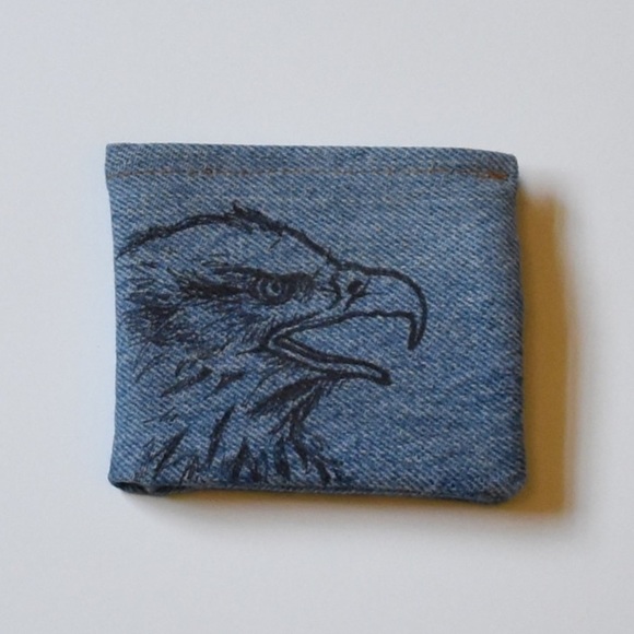 Wallet bifold denim hand drawn eagle men's gifts - Picture 2 of 5
